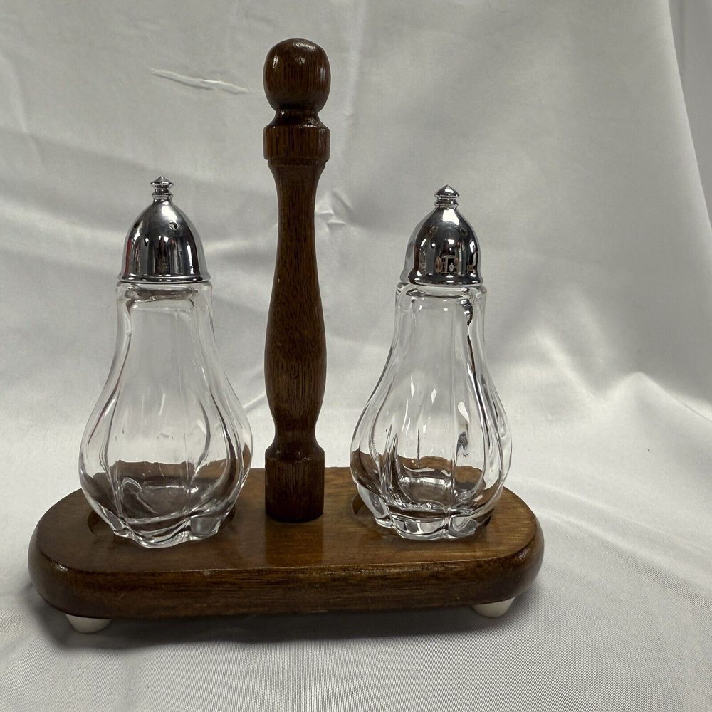 Vintage Glass Salt & Pepper Shakers Metal Tops With Wooden Caddy MCM